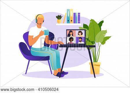 Online Meeting Via Group Call. People On Computer Screen Speaking With Colleague Or Friend. Illustra