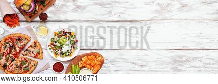 Healthy Plant Based Fast Food Corner Border. Top View Over A White Wood Banner Background. Table Sce