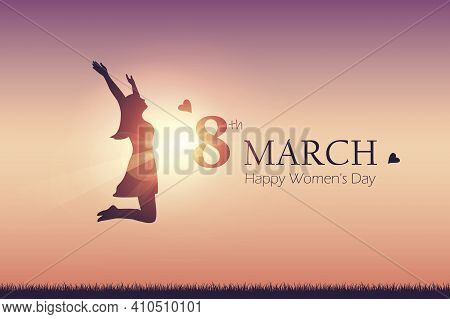 Happy Womens Day 8th March Girl With Raised Arms Jumps At Sunshine Vector Illustration Eps10