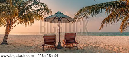 Beautiful Tropical Beach Banner. White Sand And Coco Palms Travel Tourism Wide Panorama Background C