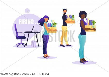 Vector Illustration Of Firing Employee. People Standing With Offices Box With Things. Unemployment C