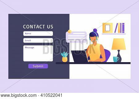 Contact Us Form Template For Web. Female Customer Service Agent With Headset Talking With Client. La