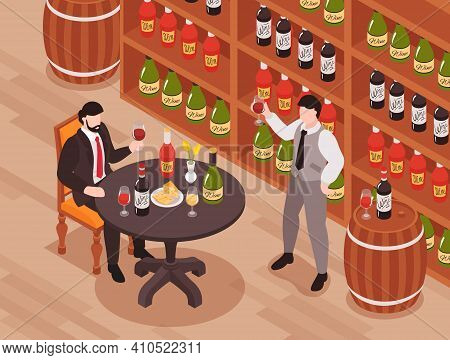 Wine Tasting Cellar Isometric Composition With Customer Taster At Table Owner Sommelier Standing Wit