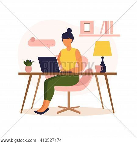 Woman Sitting Table With Laptop. Working On A Computer. Freelance, Online Education Or Social Media 