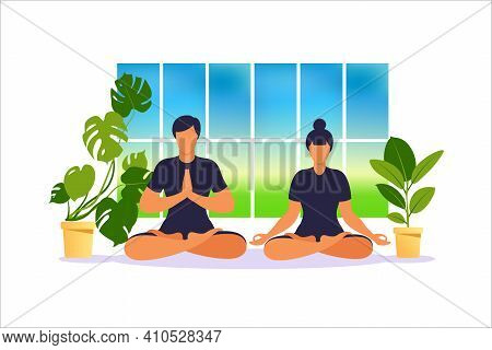 Man And Woman Are Meditating Sitting On The Floor In Lotus Position And Woman Practicing Yoga. Welln