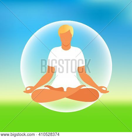 Man Meditating On Nature Background. Meditation Concept. Man Sitting In Lotus Position Practicing Me