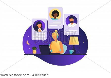 Woman Sitting At The Table With Laptop. Working On A Computer. Freelance, Online Education Or Social