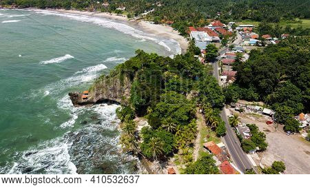 Aerial View Of Karang Bolong Beach And Its Wonderful Sunset View. At Anyer Beach With Noise Cloud An