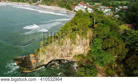 Aerial View Of Karang Bolong Beach And Its Wonderful Sunset View. At Anyer Beach With Noise Cloud An