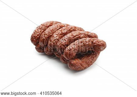 Rings Of Country Style Dry, Smoked Sausage, Isolated On A White Background. Traditional, Polish Meat