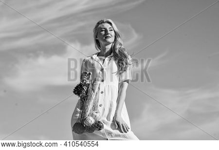 Zero Waste Concept. Girl In Dress With String Bag Shopper. Bag With Groceries. Reusable Eco Bag For 