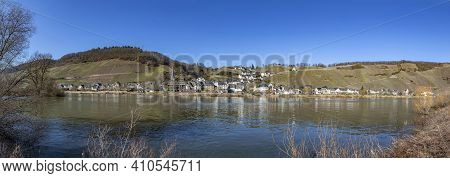 Scenic Mosel Valley Panorama Near Rachtig With View To Village Of Uerzig In Bright Morning Light