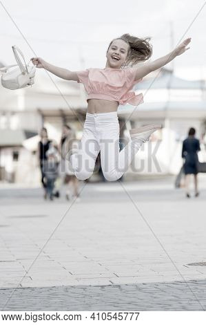 Summer Holidays. Charming Stylish Fashionable Girl. Little Child Enjoy Walk. Happy Day. Enjoy Being 