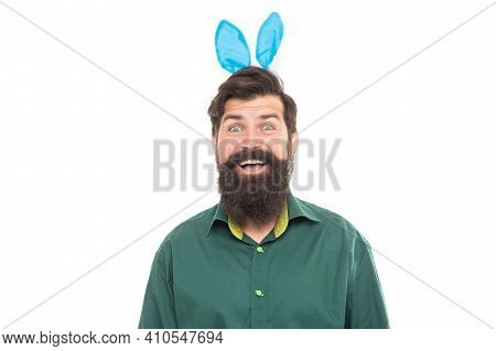 Happy Easter Holiday. Funny Man In Rabbit Ears. Brutal Easter Man Isolated On White. Bunny Hunt. Jus