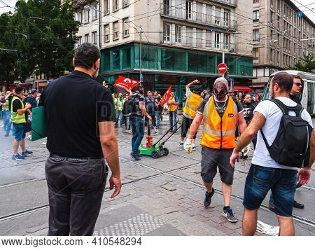 Strasbourg, France - Jun 18, 2018: Closed Tramway Line By Large Crowd Of People, Employees Of Sncf P