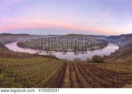 Scenic Moselle River Loop With Village Trittenheim Seen From Leiwen, Germany