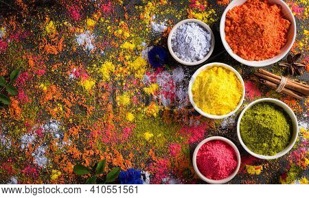 Holi Festival Celebration. Traditional Indian Holi Colours Powder Decoration With Paints. Top View O