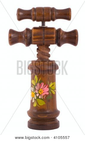 Saca rolhas de madeira marrom com ornamentos em branco