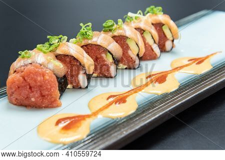 Firery Taste Satisfied With These Pieces Of Sushi Stuffed With Spicy Tuna And Shrimp And Topped With