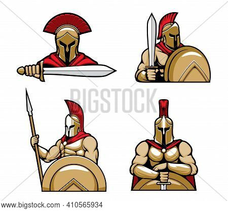 Spartan Warrior Character Mascots Cartoon Vector. Greec Hoplites Standing With Bronze Shield, Wearin