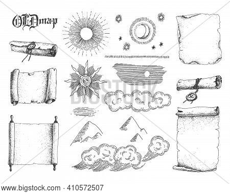 Nature Engraving Elements And Antique Scrolls And Old Paper. Sketchy Style Illustration. Vintage. Ha