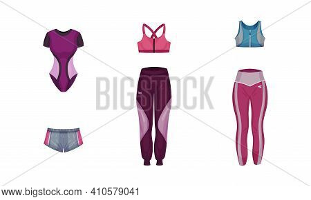 Gym Clothing Or Athletic Apparel With Sportive Trousers, Sports Bra And Shorts Vector Set
