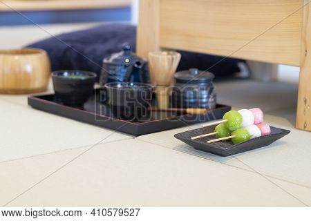 Art Of Japanese Living Green Tea Ryokucha Traditional Ceremony Consist Of Teapot, Tea Cup, Tea Brush