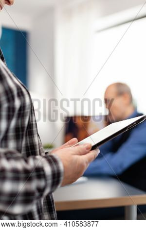 Midsection Senior Woman Using Digital Tablet In Home. Close Up Of Elderly Woman Using Moder Technolo