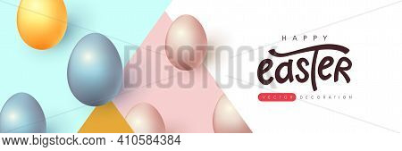 Modern Easter Banner Background Template With Colorful Eggs.