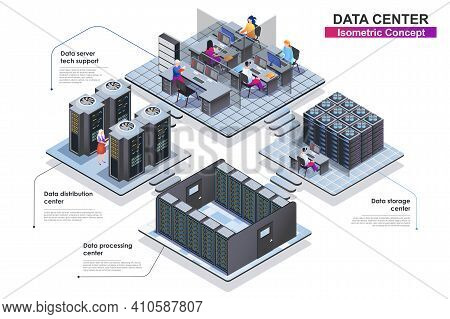 Data Center Interior Isometric Concept. Scenes Of People Characters Working In Departments: Server T