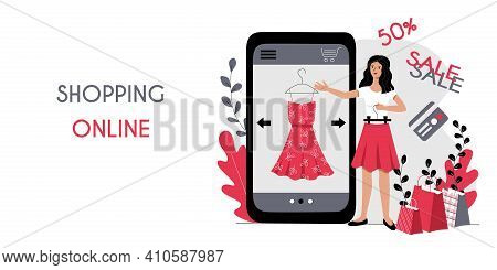 Online Shopping Digital Marketing Concept. Horizontal Banner Header Web Template. Young Woman Choosi