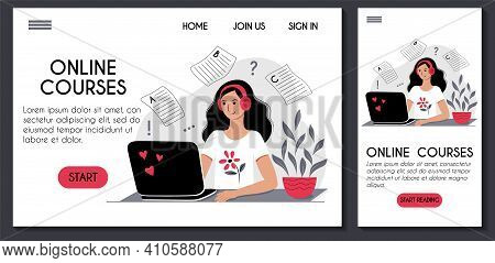 Online Training Language Course Website And Mobile Application Template. E Learning Home. Young Woma