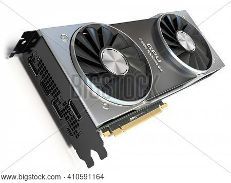 Graphics card. Modern gaming  GPU graphics processing unit isolated on white. 3d illustration
