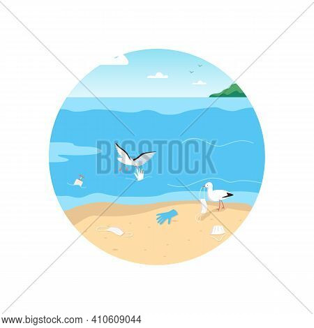 Empty Dirty Beach 2d Vector Web Icon. Closed Summer Resorts. Pandemic Lockdown. Rubish On Tropical I