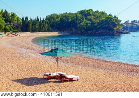 Luxury Beach Near Sveti Stefan Island In Adriatic Sea . Perfect Place To Stop To Admire The Sea . Sa