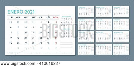 2021 Spanish Calendar. Planner Template. Vector. Week Starts Monday. Schedule Grid With 12 Month. Ye