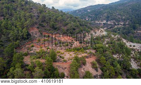 Abandoned Open Cut Chromite Mine In Kakomallis, Cyprus, Aerial View