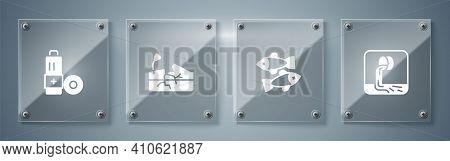 Set Wastewater, Dead Fish, Earthquake And Battery. Square Glass Panels. Vector