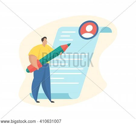 Resume Writing. Cartoon Character Standing Next To The Resume Sheet