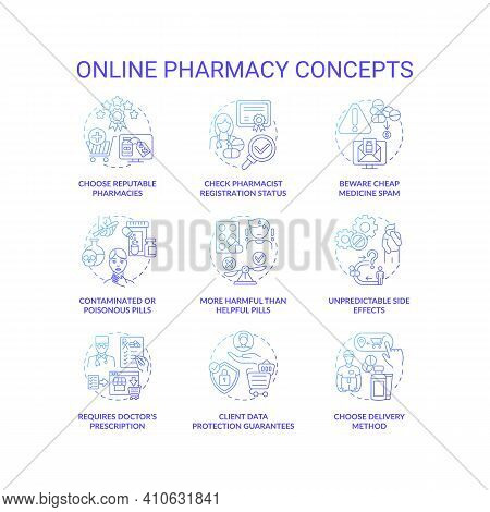 Online Drug Store Concept Icons Set. Online Medication Order Steps Idea Thin Line Rgb Color Illustra
