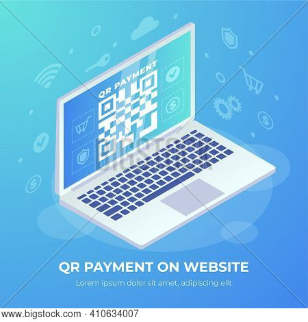 Qr Payment On Website Banner. Qr Code On Laptop Screen. 3d Scan Barcode Concept, Online Qr Pay Isome