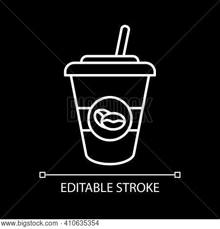 Ice Latte White Linear Icon For Dark Theme. Coffee Drink In Takeout Cup. Americano To Go With Straw.