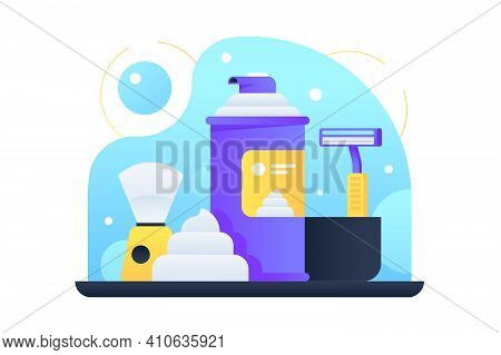 Men Care Products Vector Illustration. Shaving Lather Cream Shaver Preshave Or Aftershave Products F