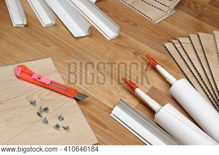 Set Of Items For Pvc Ceiling Indoor Works. Assembly Adhesive Bottles And Pvc Panels With Plastic Cor