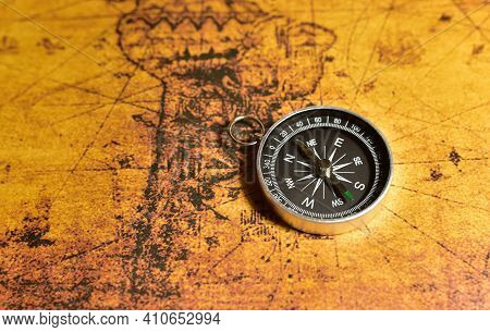 Compass On Map. Tourist Compass For Orientation On The Terrain. Magnetic Declination Alculator. Hist