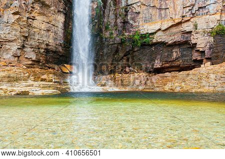 Canyons Of Furnas Waterfall At Capitólio Mg, Brazil. Waterfall Between Sedimentary Rocky Walls. Eco 