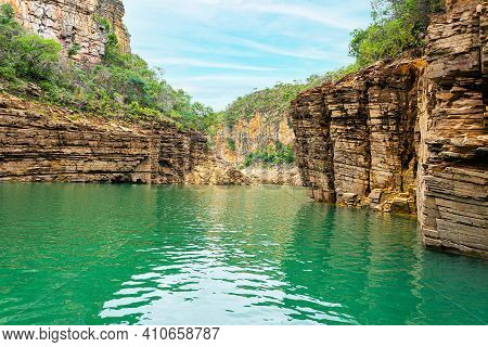 Lake With Green Water Between Walls Of Sedimentary Rocks At Lake Of Furnas, Capitólio Mg Brazil.
