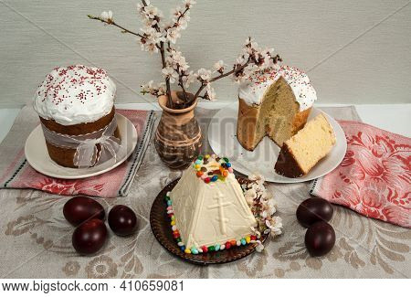 Easter Composition. Traditional Orthodox Easter Table. Painted Eggs, Cottage Cheese Dessert, Cakes A