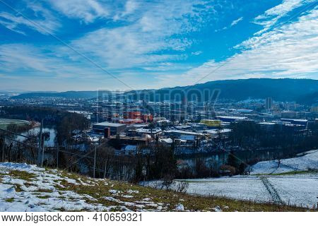 View Over The Green Meadows Of Limmattal. Switzerland, Towards The Urban Valley