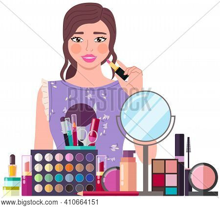 Beautiful Young Girl Makes Look And Does Makeup, Looks After Beauty And Paints Lips Isolated On Whit